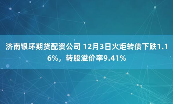 济南银环期货配资公司 12月3日火炬转债下跌1.16%，转股溢价率9.41%